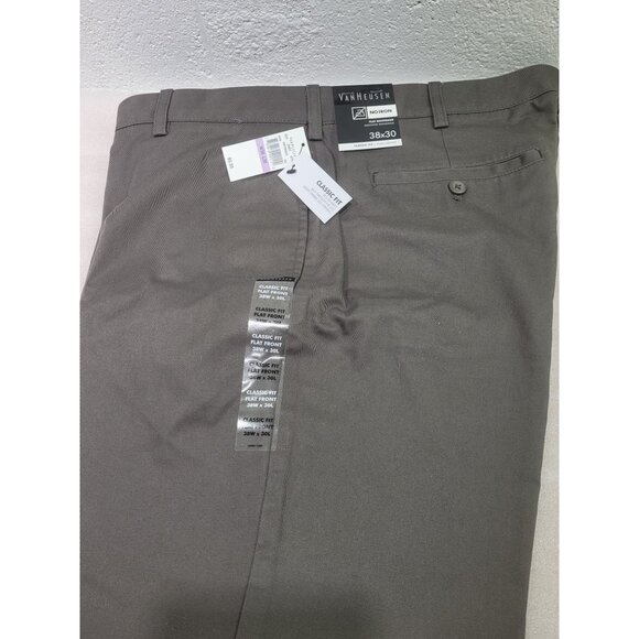 New Mens Van Heusen No Iron Cotton Pants Flex Waistband  Flat Front Brown 38x30 - Picture 1 of 6